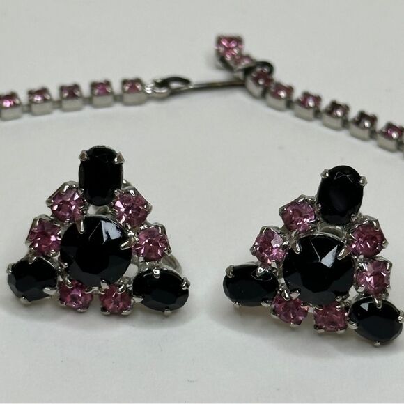 Fashion Jewelry Black and Pink Rhinestone Necklace and Screw Back Earrings - Picture 3 of 14